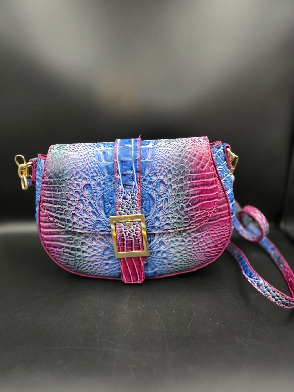 Croc-Embossed Gradient Crossbody Bag in Pink & Blue